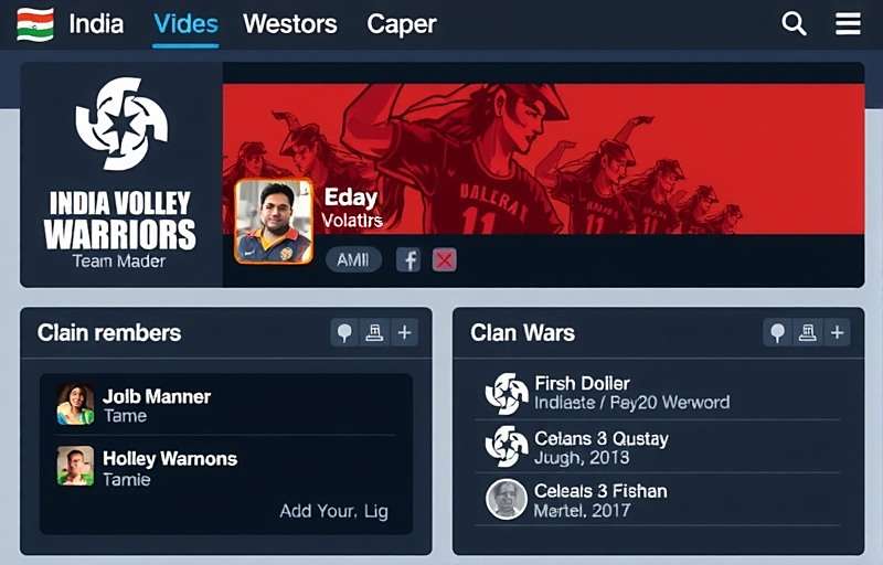 India Volley Warriors - Clan Interface India Volley Warriors clan interface showing team members, chat, and upcoming clan wars